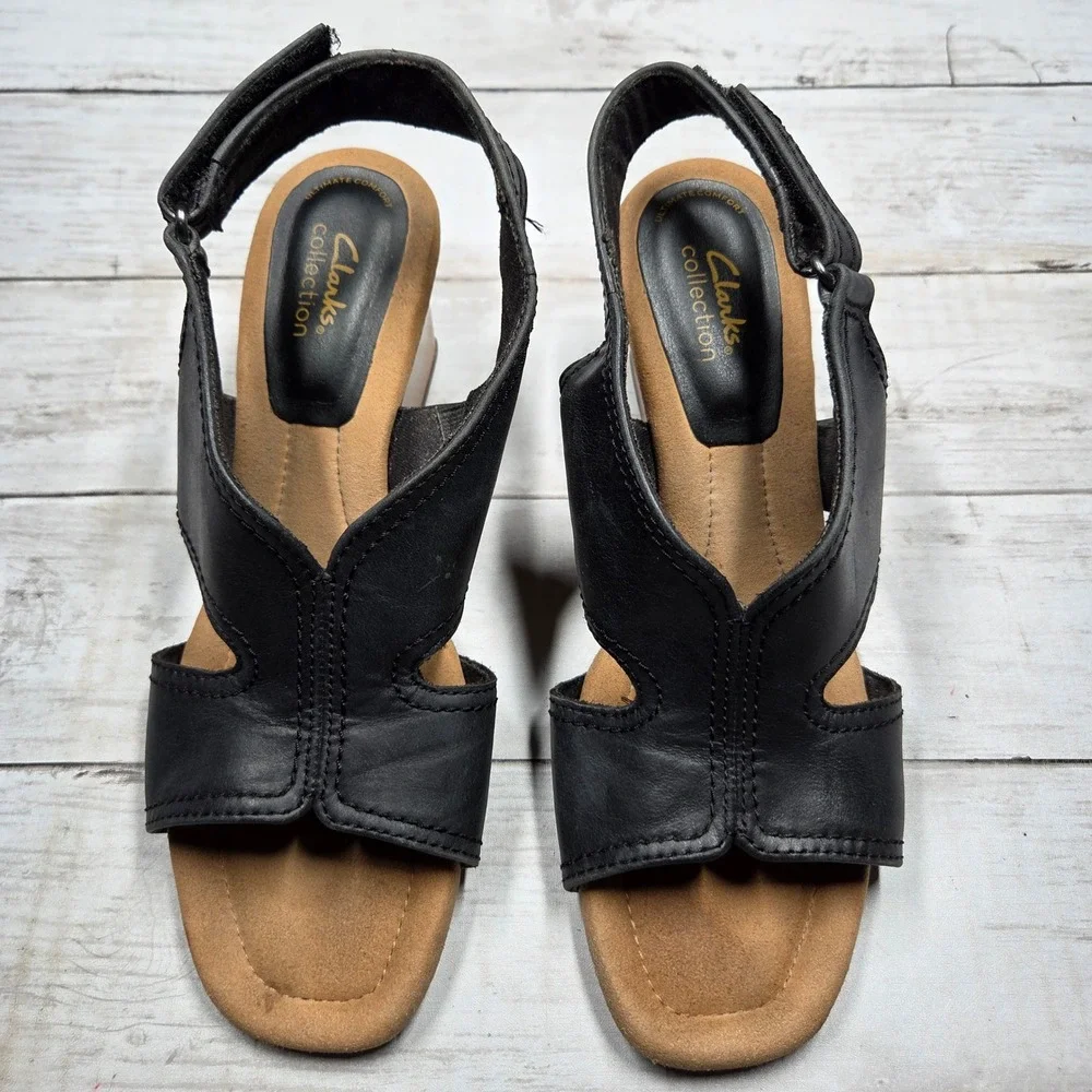 Clarks Collection Ultimate Comfort Wedge Sandal Women 7.5 Black Leather Slingbac